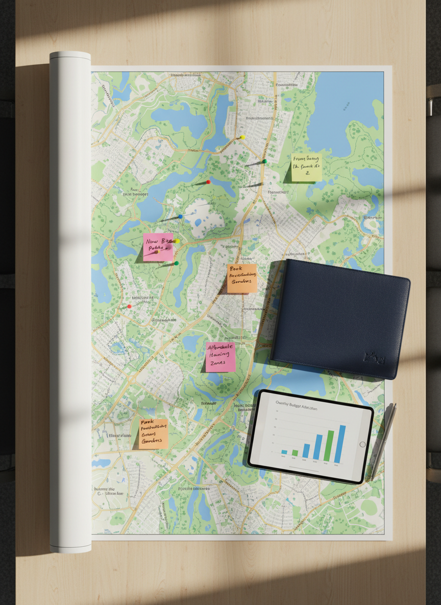 A detailed overhead view of a large, printed neighborhood map of Eden Prairie–style streets, lakes, and parks spread across a light wood table, with colorful pushpins and neatly arranged sticky note placeholders marking key community priorities. Beside the map sit a closed navy-blue leather portfolio, a sleek tablet displaying a simple chart, and a stainless-steel pen, symbolizing planning and accountability. Soft, diffused daylight from an unseen window casts gentle shadows, creating a calm, organized mood. Captured from a bird’s eye angle with sharp focus throughout, the composition is clean and uncluttered. Photorealistic style emphasizes clarity, accessibility, and thoughtful local government decision-making for all residents.